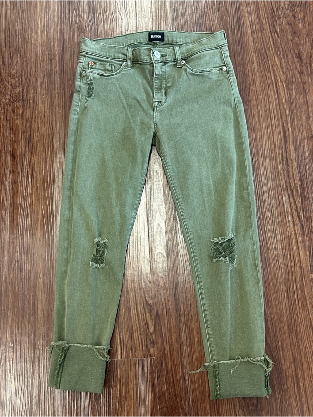 Hudson Green Distressed Jeans Women’s Size 29 Raw Hem Stretch Denim